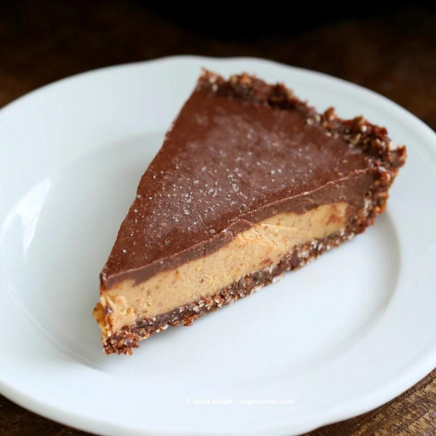 Vegan Salted Caramel Pie - layers of Salted Date Caramel, Chocolate Ganache and Almond Chocolate Crust. No Bake #Glutenfree #vegan #palmOilFree | VeganRicha.com