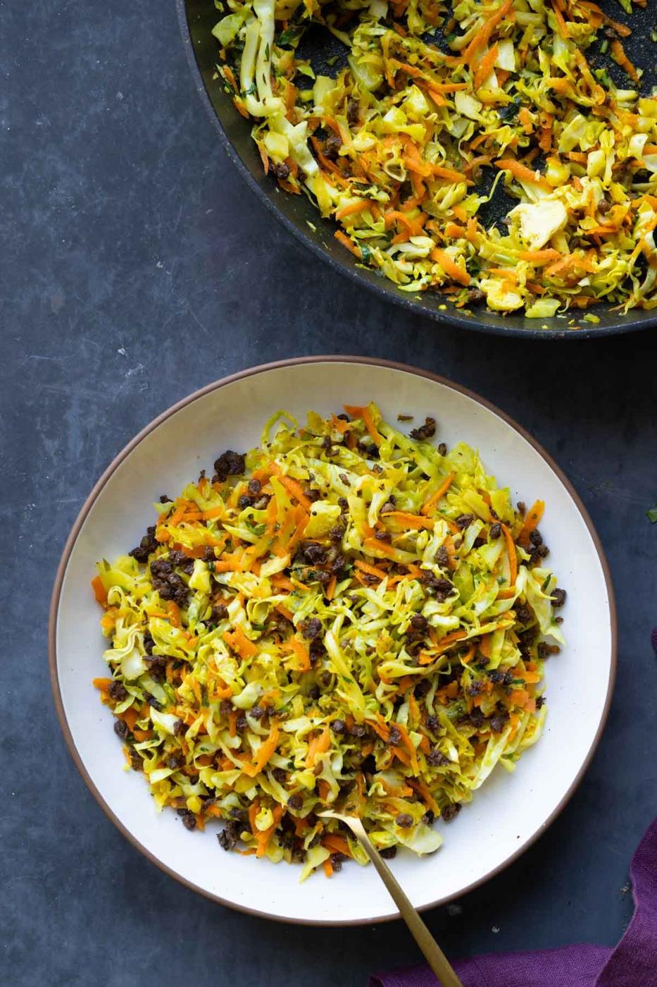 Sambharo (Indian Spiced Cabbage Carrot Beet Salad) with Crispy Lentils