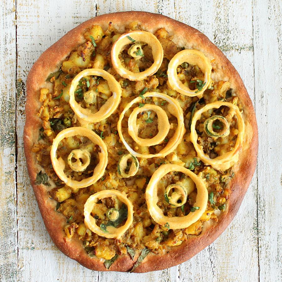 Samosa and Onion Bhajji/Pakora Pizza with Wheat Chickpea Semolina Crust. vegan recipe