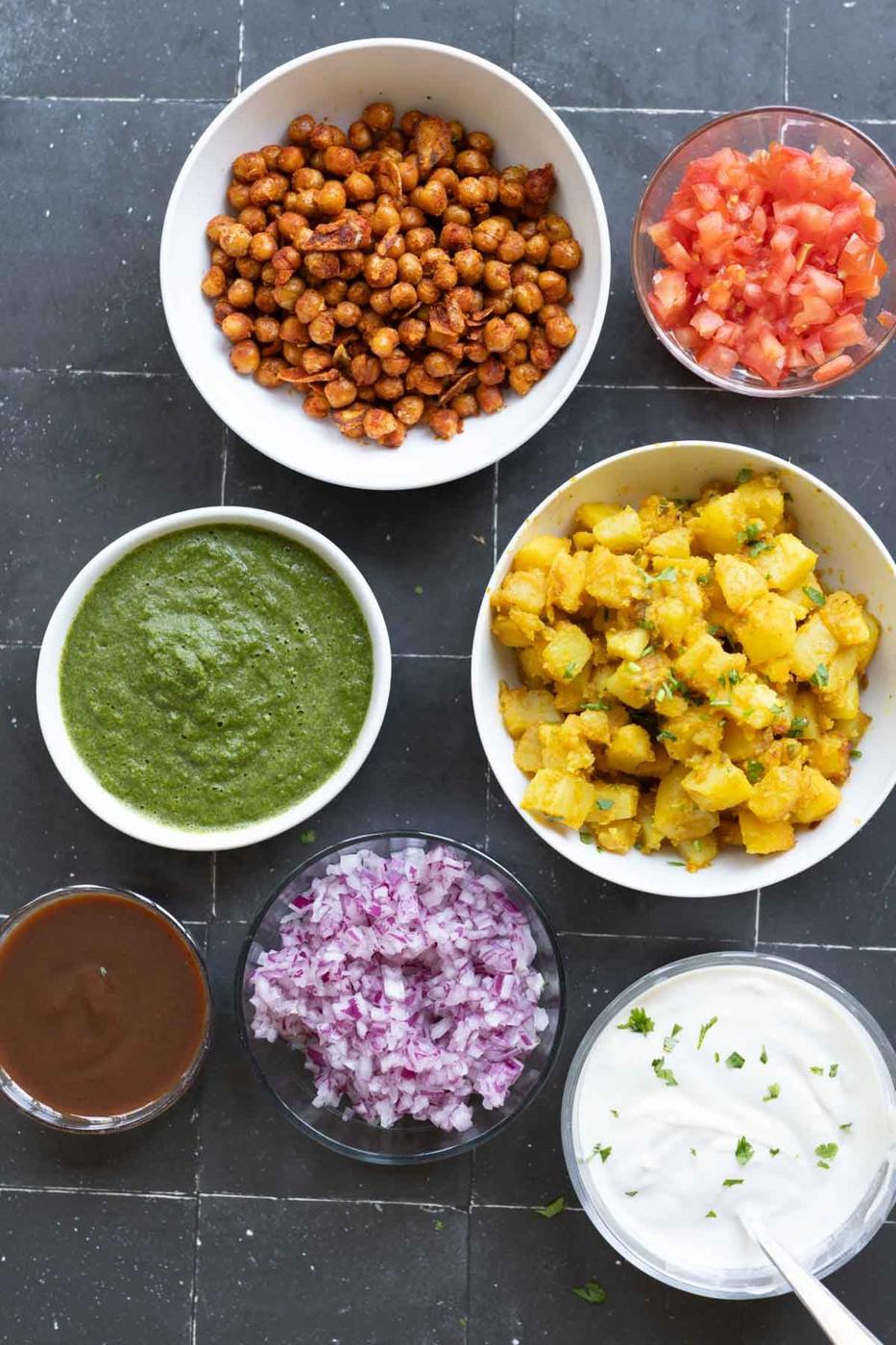 samosa platter components in bowls before assembling