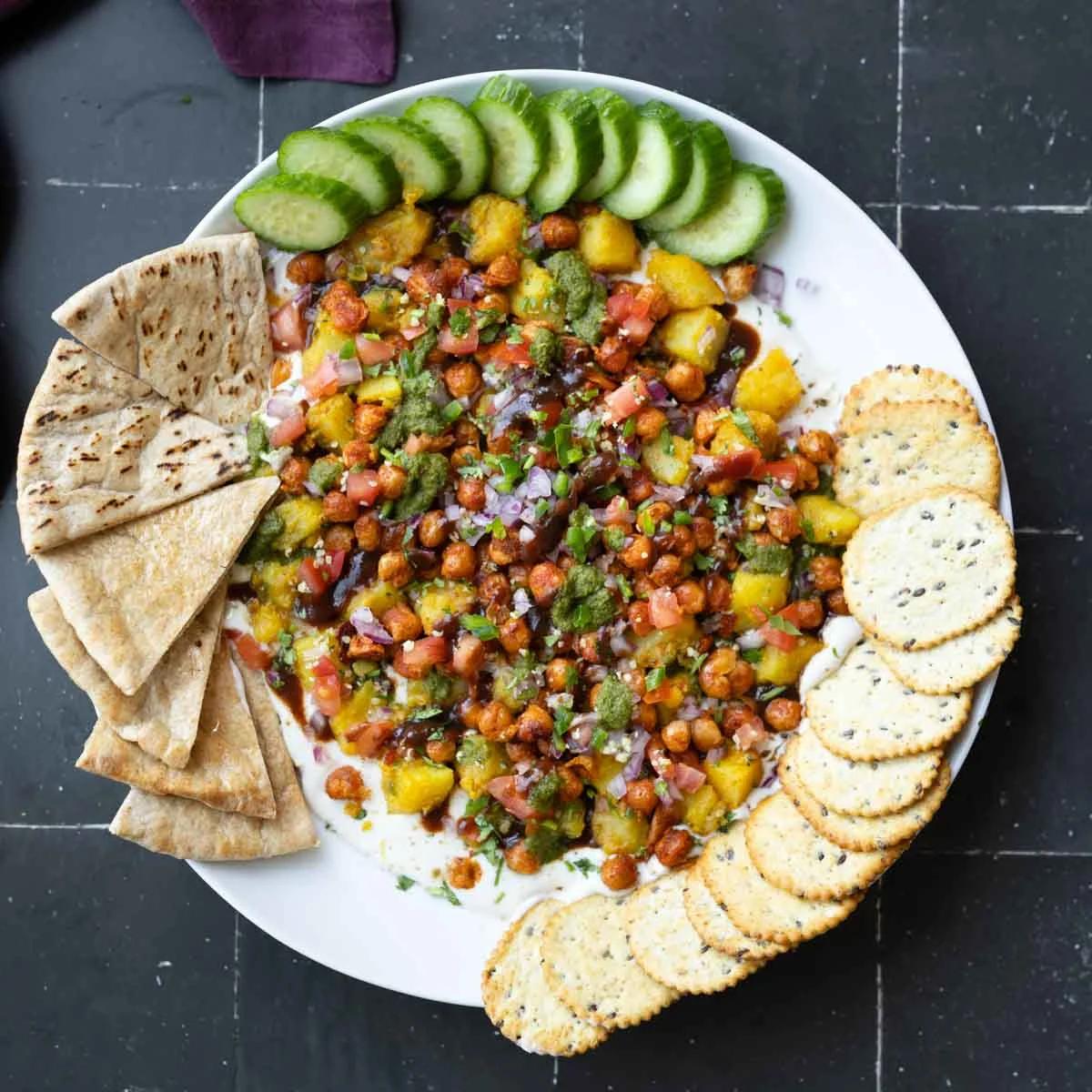 Samosa Chaat Platter with Spiced Potatoes, Crispy Chickpeas, and Yogurt