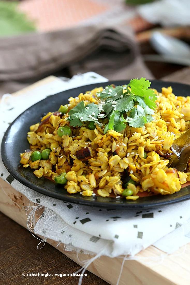 Savory Oats Hash - Indian Oats Poha Upma - Savory Breakfast Oats with veggies and nuts | VeganRicha.com #vegan #glutenfree #soyfree #recipe from Pitzn's Indian Kitchen Cookbook