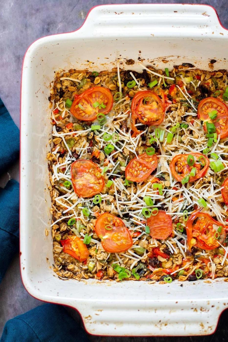 pizza oatmeal bake in a white casserole dish