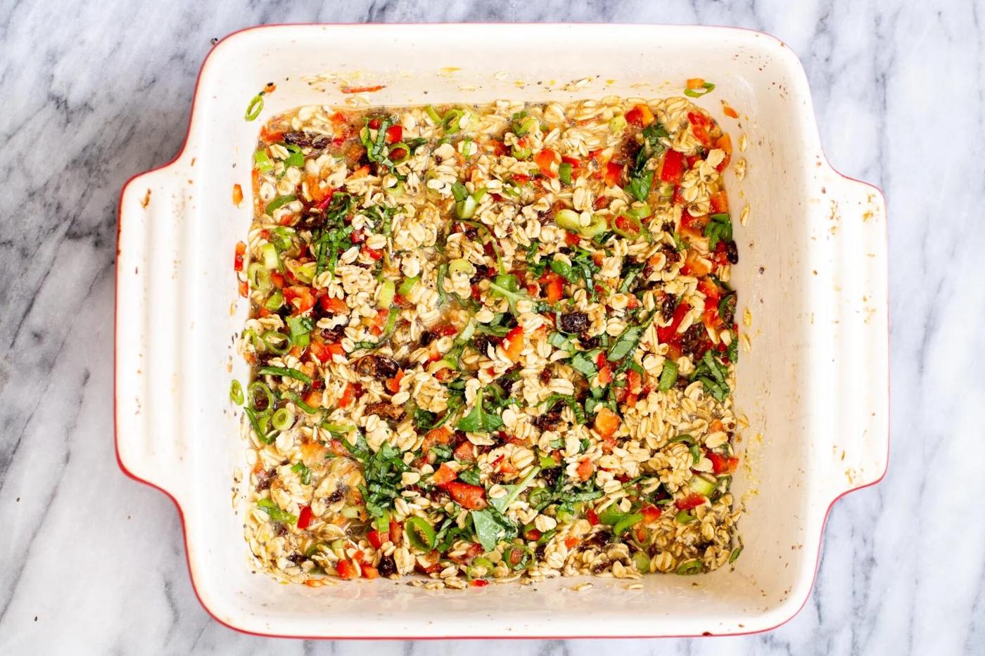 overhead shot of savory pizza oatmeal bake
