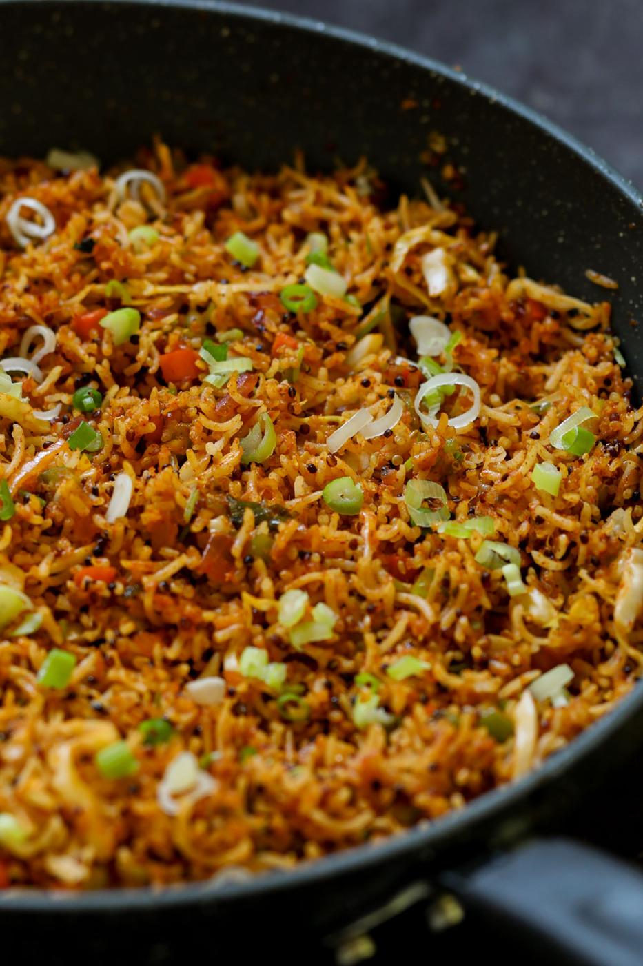 close-up of Schezwan fried rice in the pan