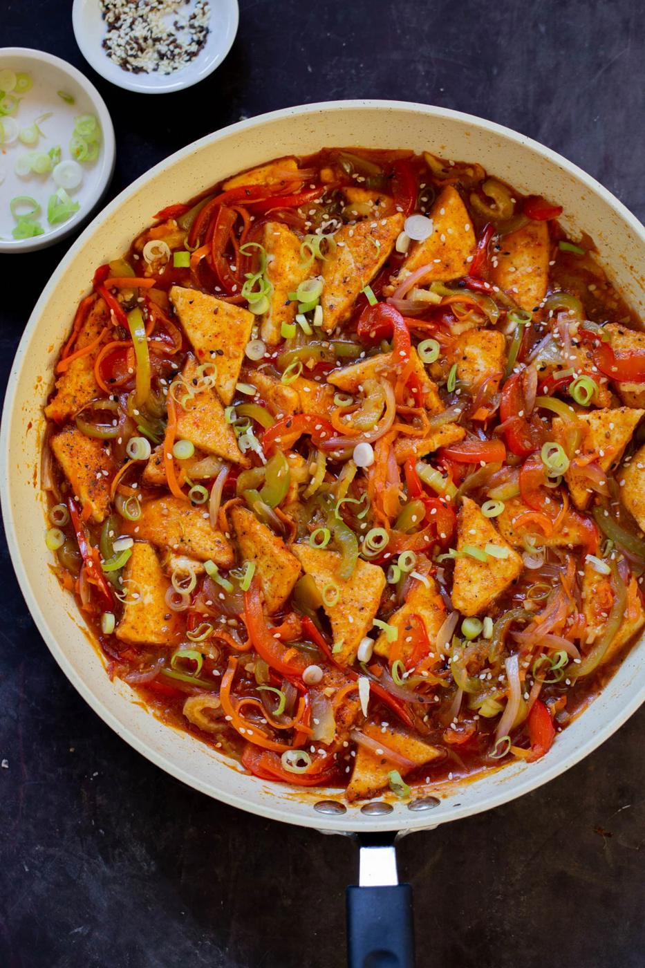 Schezwan Tofu (Indo-Chinese 1 pan 30 minutes)