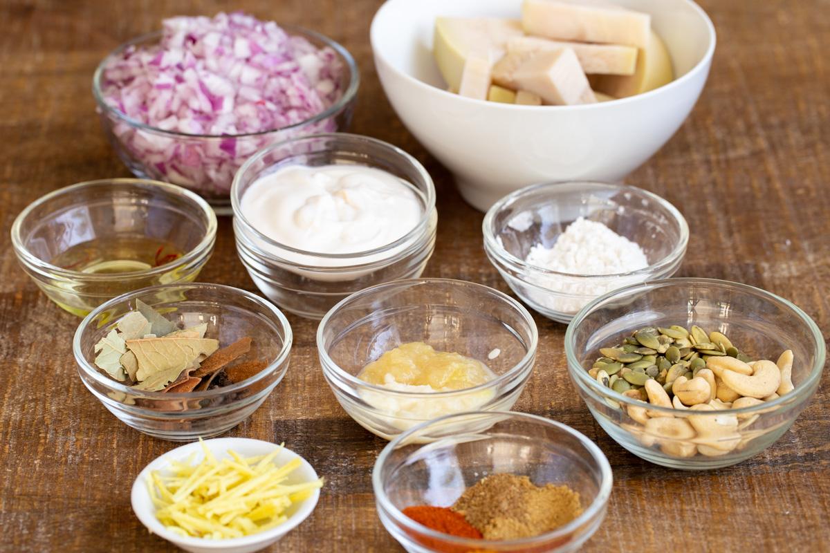 ingredients needed for making vegan chicken korma with jackfruit