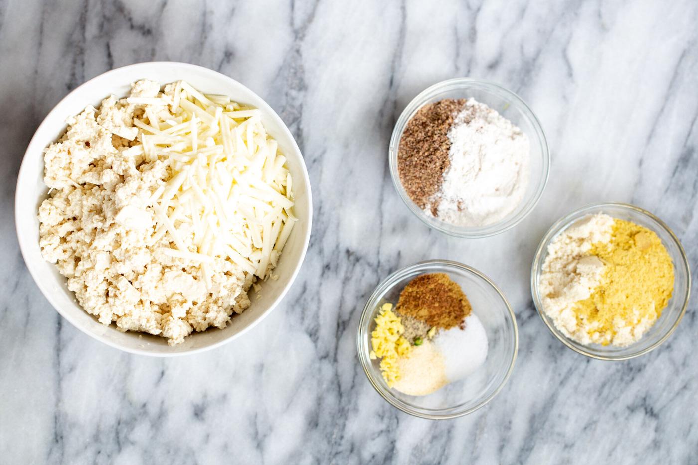ingredients for tofu kofta on a marble countertop