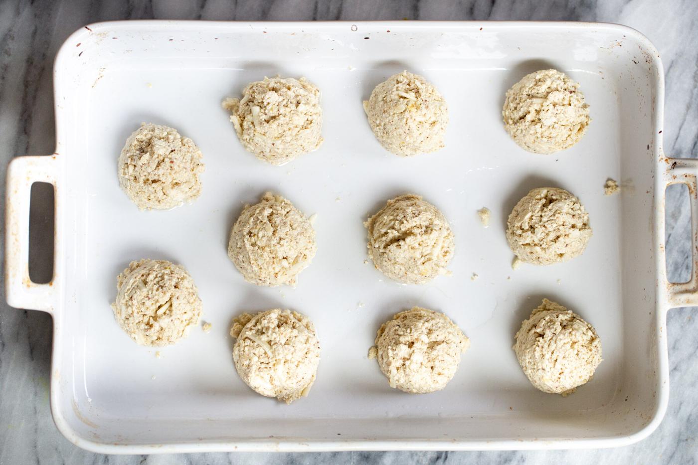 vegan tofu koftas in a white casserole dish