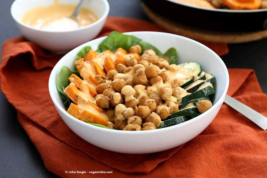Shawarma Chickpea Sweet Potato Buddha Bowl w/ lemon tahini dressing | https://VeganRicha.com #vegan #glutenfree #soyfree #nutfree #recipe