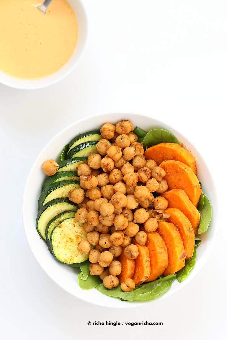 Shawarma Chickpea Sweet Potato Buddha Bowl w/ lemon tahini dressing | https://VeganRicha.com #vegan #glutenfree #soyfree #nutfree #recipe