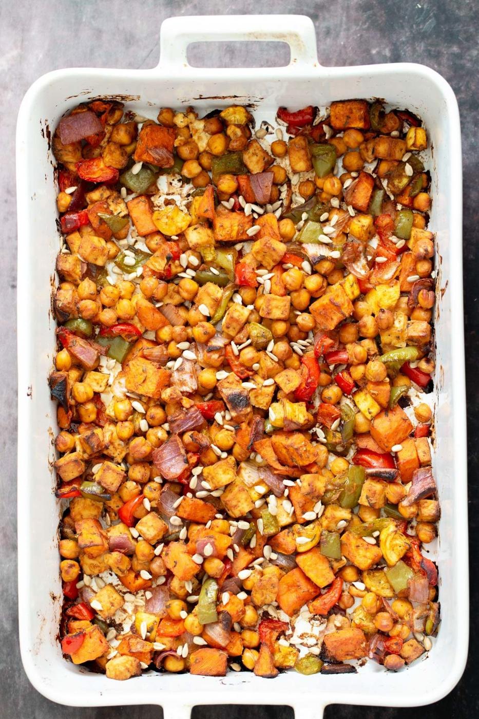 freshly baked cheeseburger sheet pan dinner baked in a casserole dish