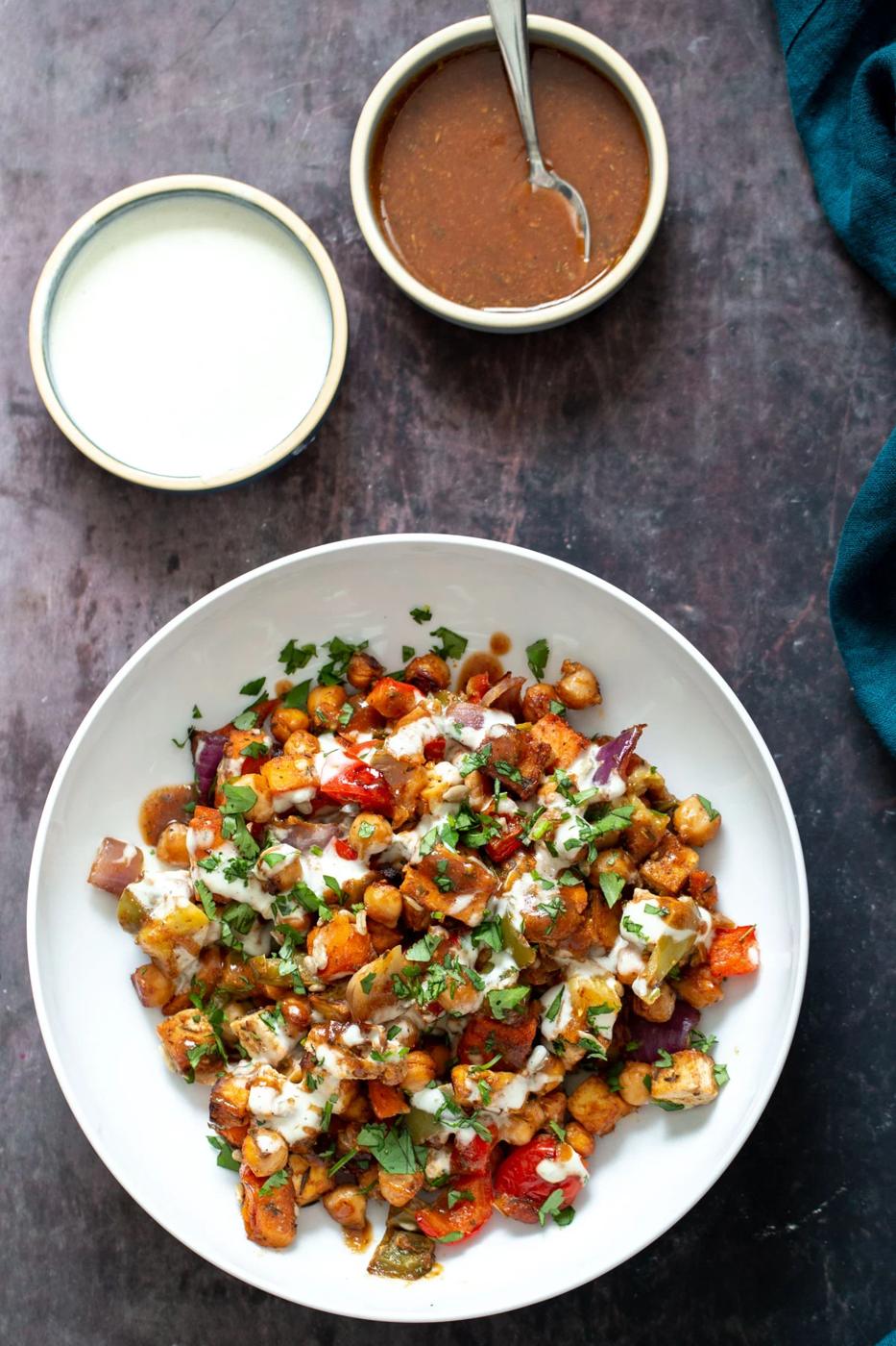 Sheet Pan Cheeseburger Veggie Dinner with Garlic Mayo Dressing