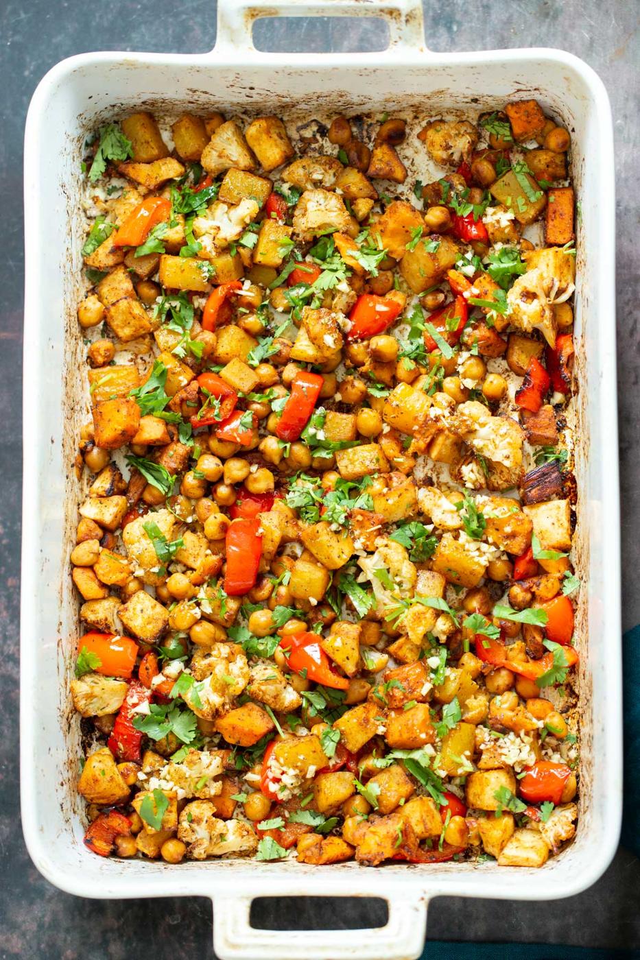 a casserole dish with roasted root vegetables