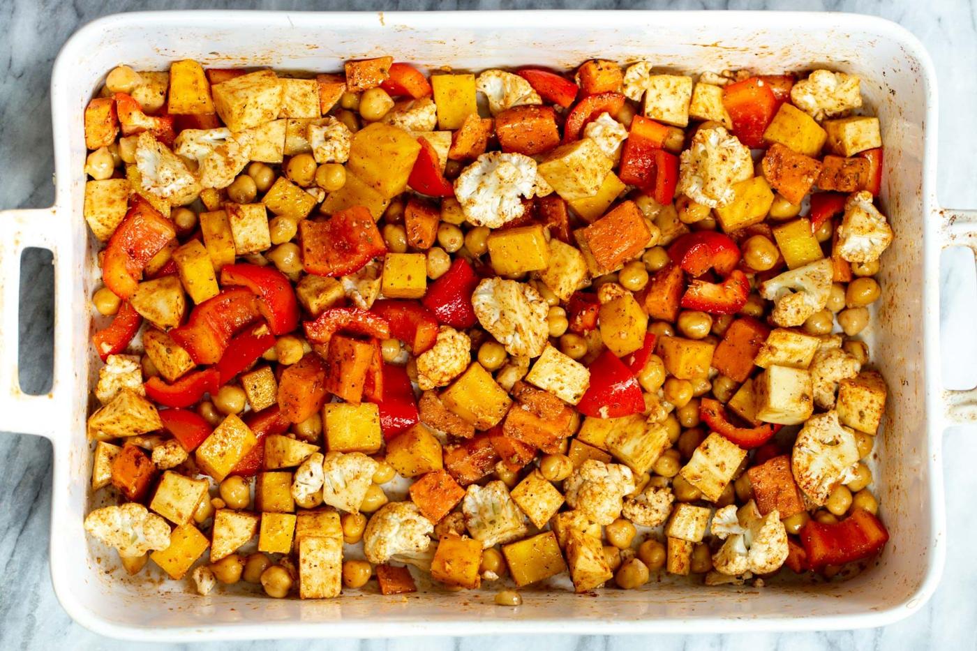 roasted root veggies in a white casserole dish
