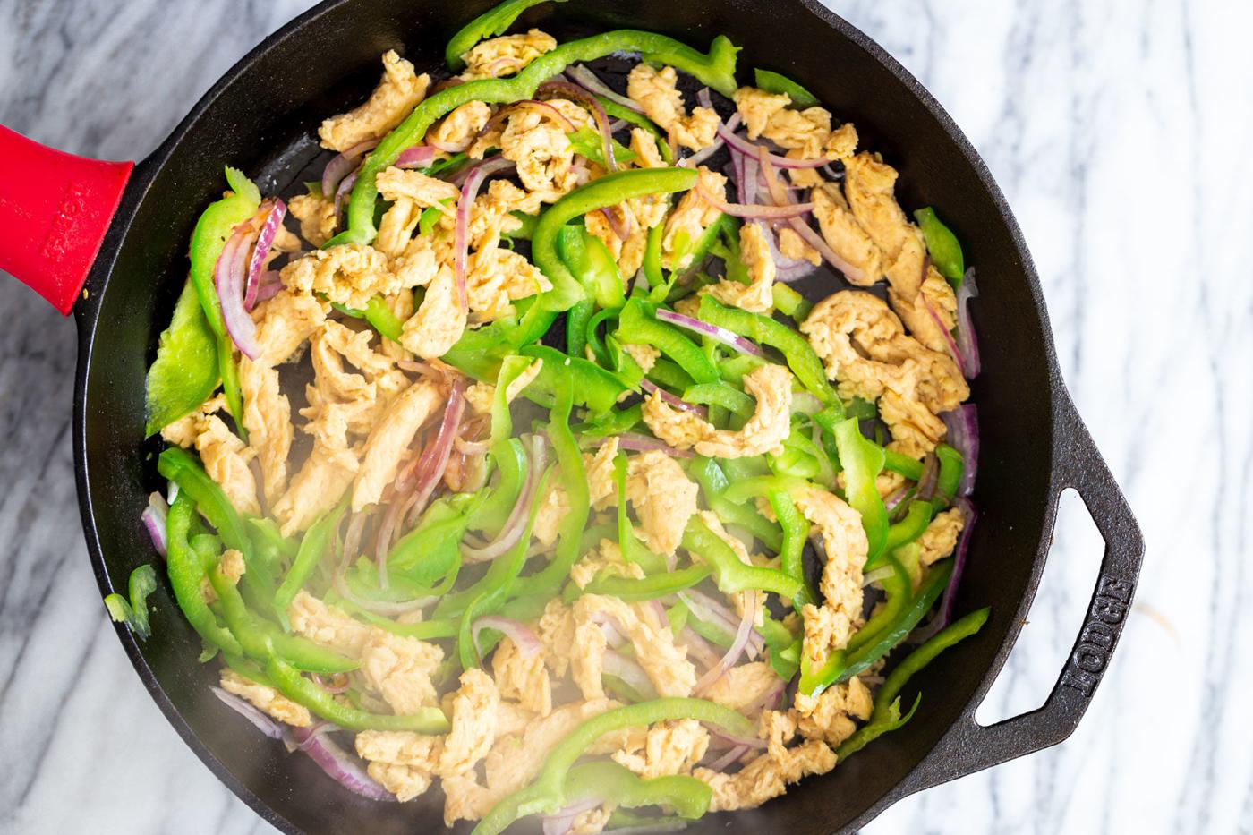 filling for vegan skillet enchiladas in a frying pan