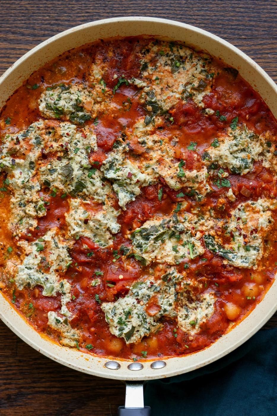 skillet gnocchi in the pan with tofu ricotta and sun dried tomato sauce