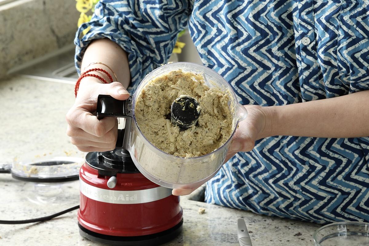 tofu mixture in the food processor after running it