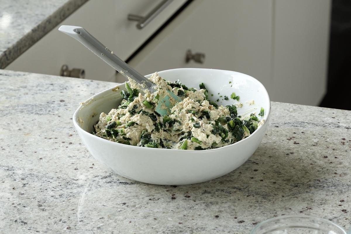 tofu ricotta after mixing in the spinach