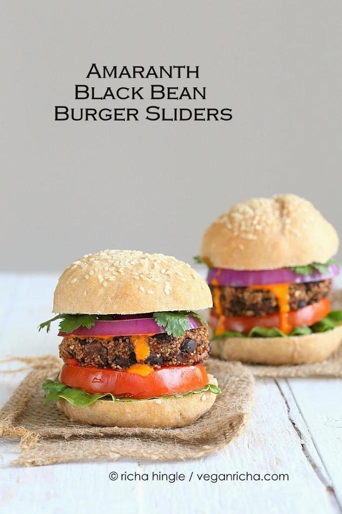 Smoky Amaranth Black Bean Burgers with Roasted Red Pepper sauce. Vegan Recipe