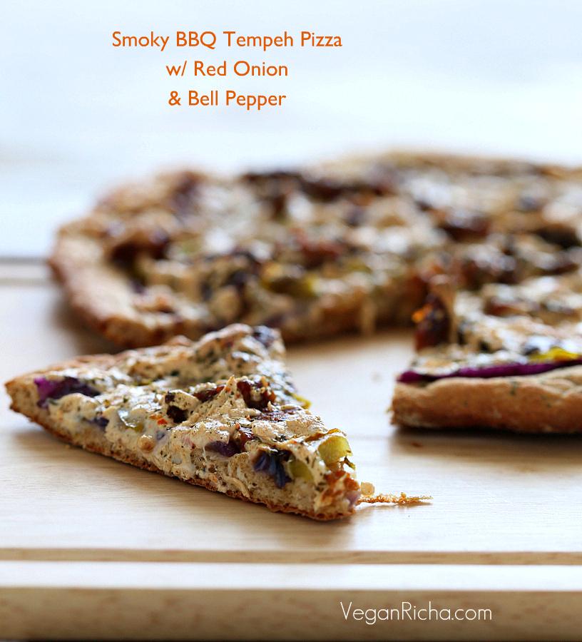 Smoky BBQ Tempeh Pizza with Red onions, Bell peppers and Parsley. Vegan Recipe