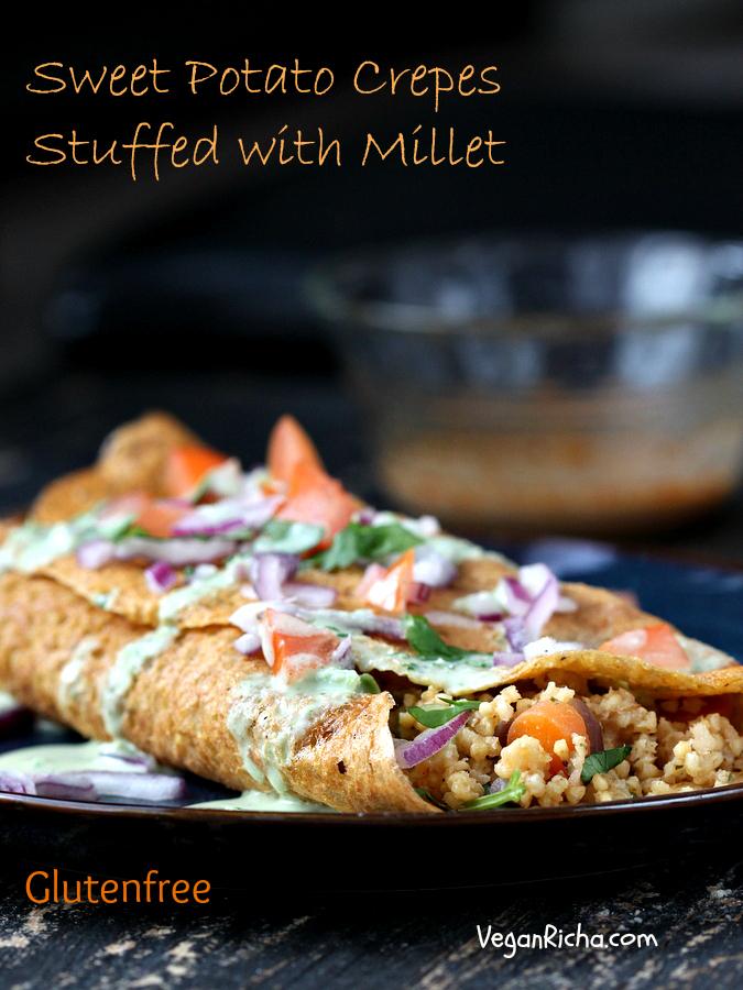 Smoky Millet Stuffed Sweet Potato Crepes with Jalapeno Aioli. Vegan Glutenfree Recipe