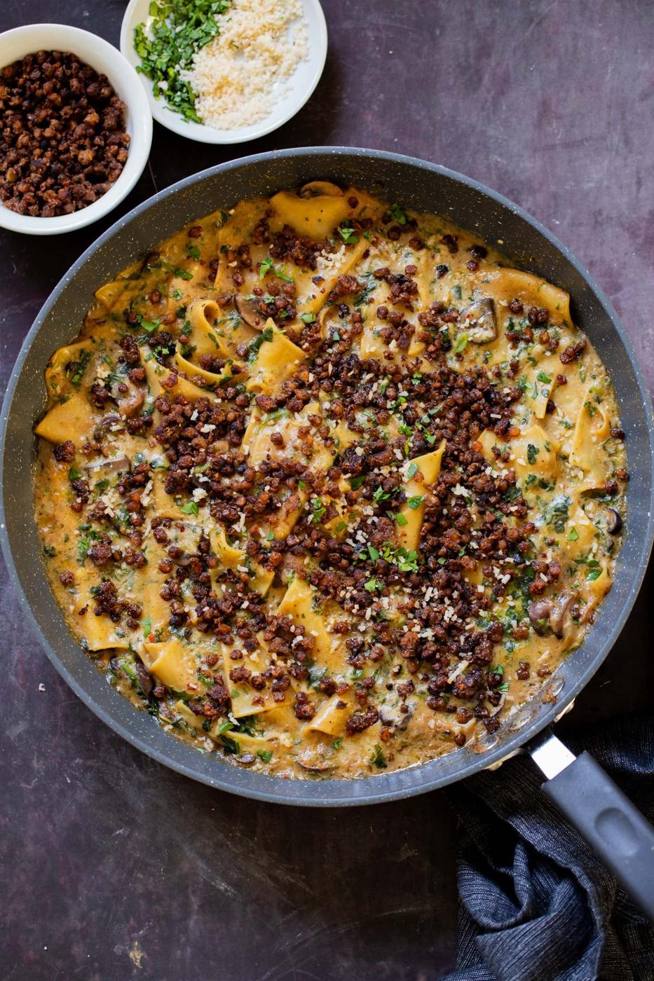 Smoky Skillet Lasagna with Crispy, Bacon-y Lentils (one pot)