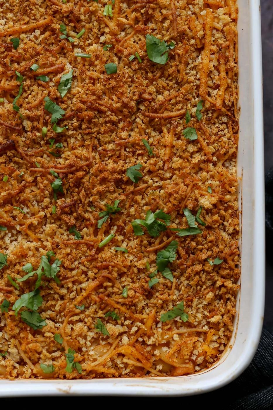 close-up of smoky mac and cheese in the pan
