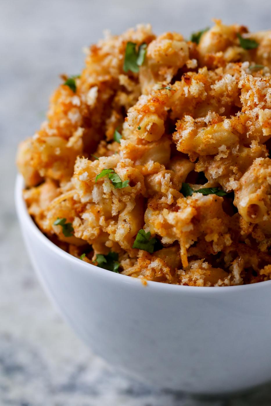 close-up of a bowl of smoky vegan mac and cheese