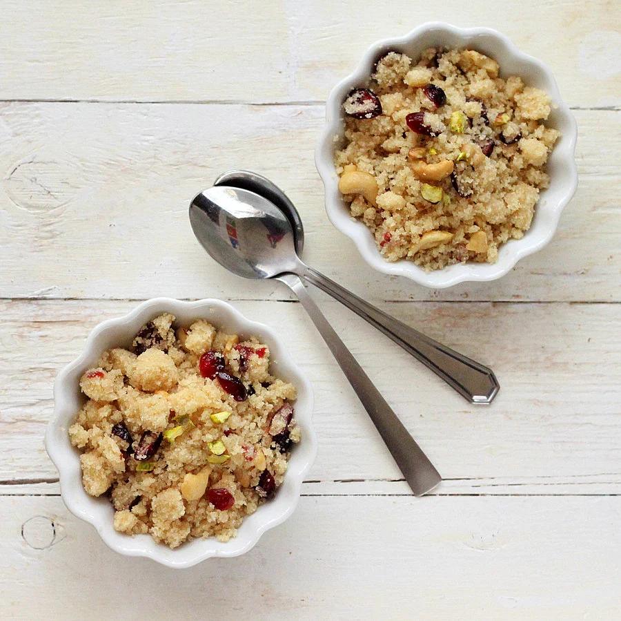 Sooji Halwa/Sheera/Semolina Crumble with Cashews and Cranberries. Vegan Diwali recipe
