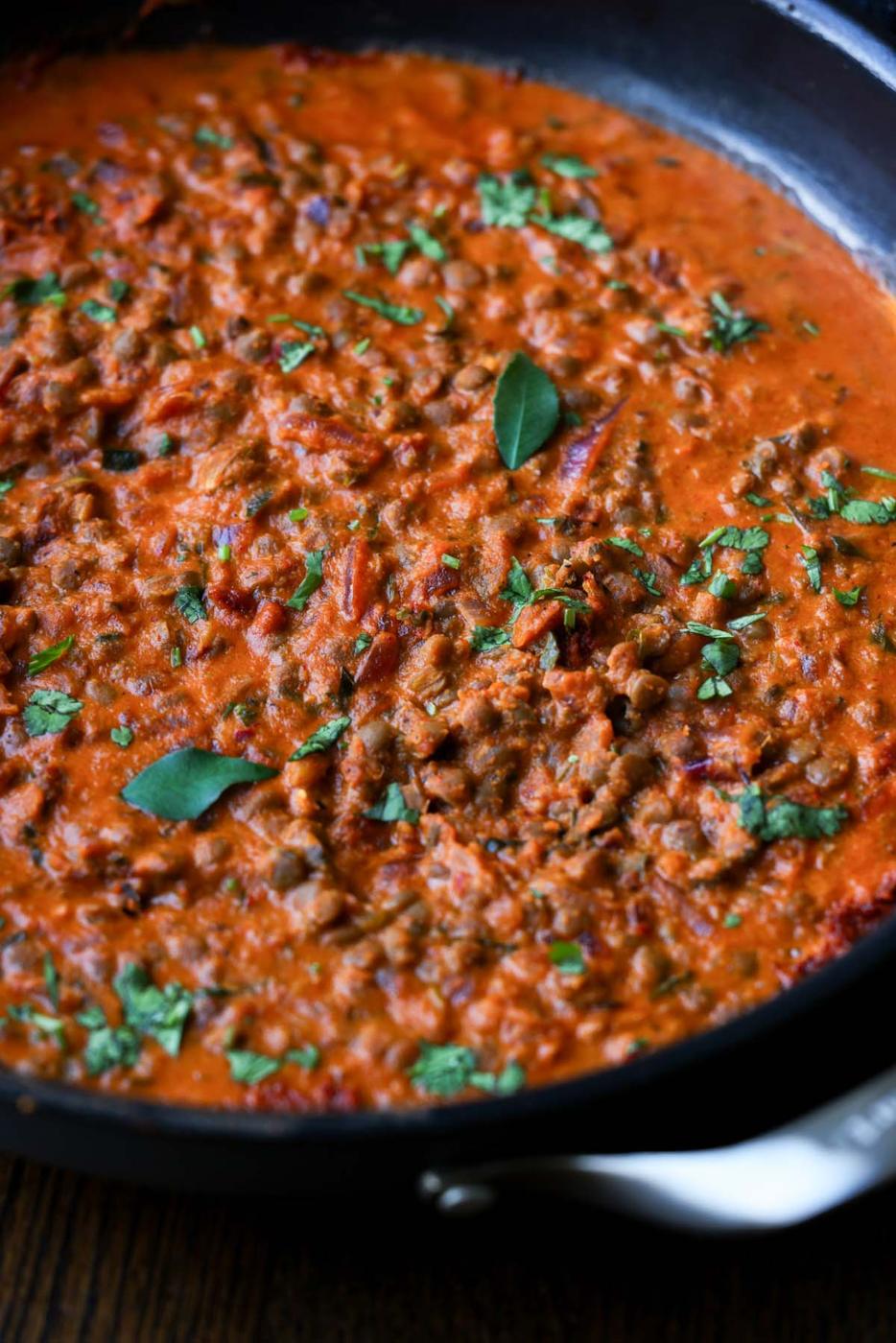 South Indian marry me lentils in the pan with herbs on top