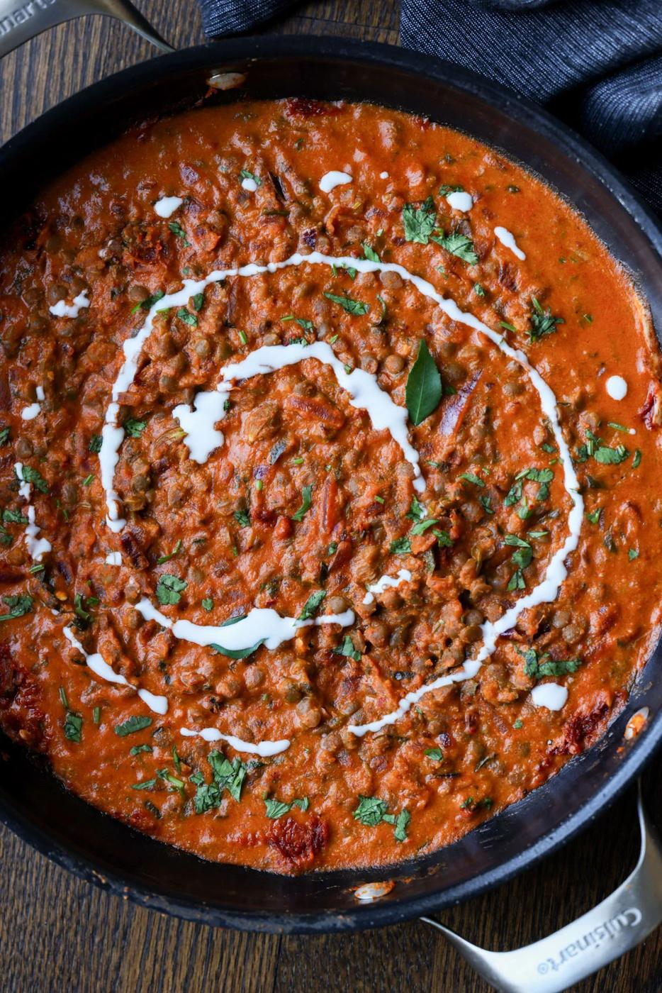 South Indian marry me lentils in the pan with a swirl of non-dairy yogurt