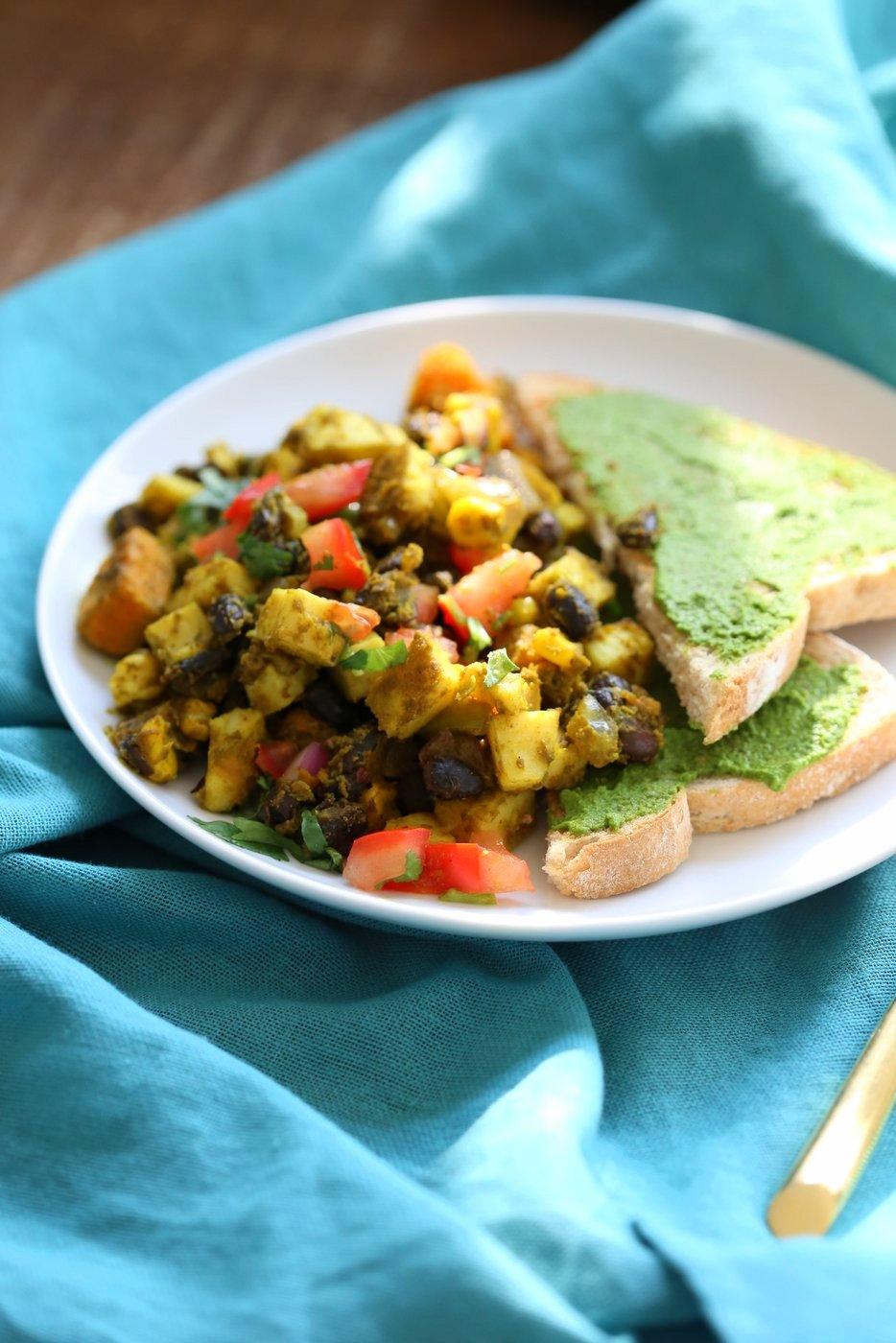 Southwestern Tofu Scramble with Chickpea Tofu. Scrambled Tofu without Soy tofu! Soy-free Breakfast Scramble with Black beans, Veggies, Sweet Potatoes, Spices, Chickpea flour Tofu. Double Protein Savory Vegan Breakfast. Gluten-free Soy-free Nut-free | VeganRicha.com