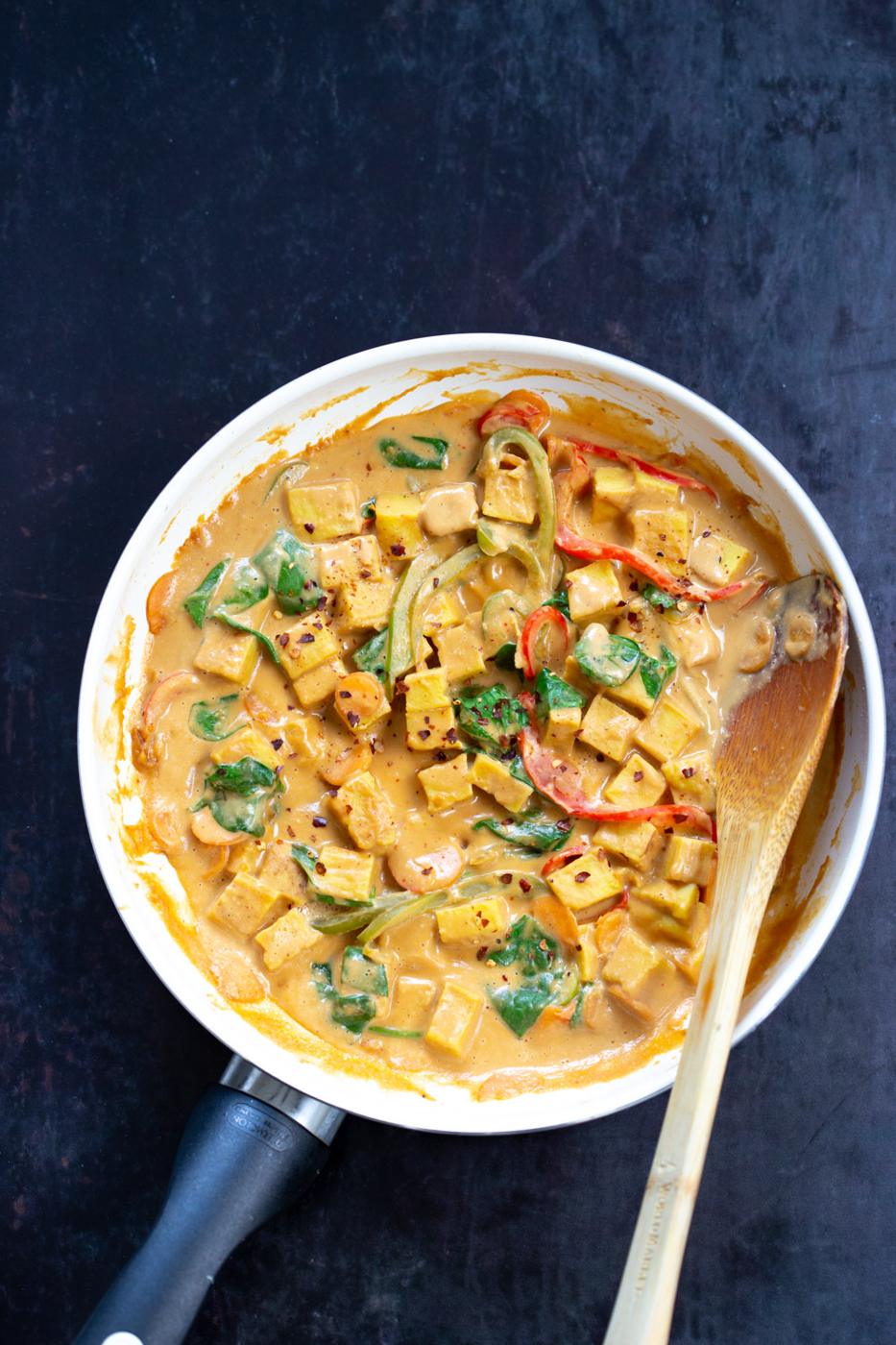 Soy-free Tofu Stir fry with Sunbutter Sauce. Chickpea Tofu with Nutfree Peanut Sauce! Allergy friendly 1 Pot Meal. #Vegan #Glutenfree #Soyfree #Nutfree #peanutsauce #Recipe #VeganRicha