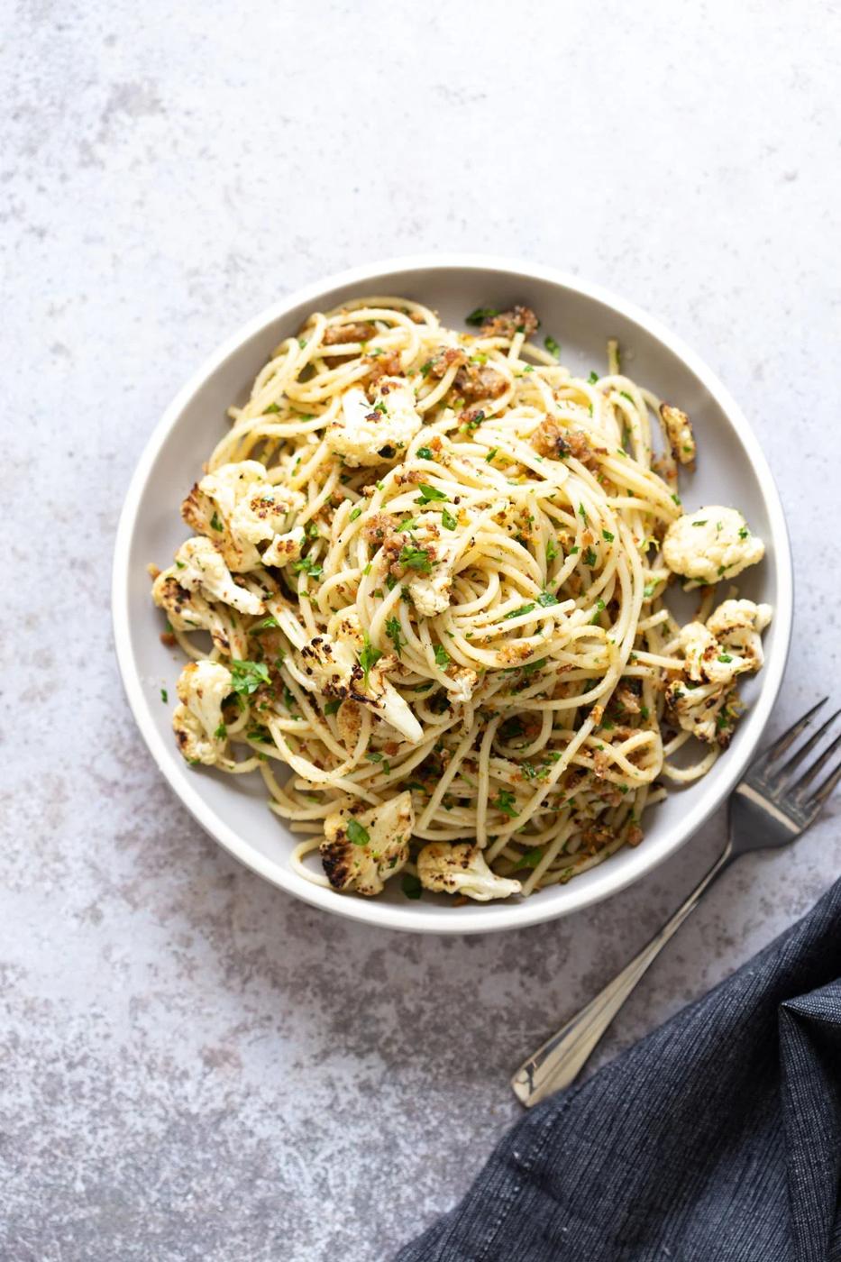 Spaghetti with toasted garlic breadcrumbs and blistered cauliflower