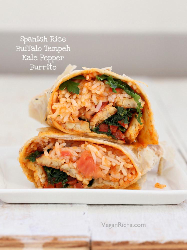 Vegan Buffalo Tempeh, Spanish Rice, Kale, Red Bell Pepper Wraps