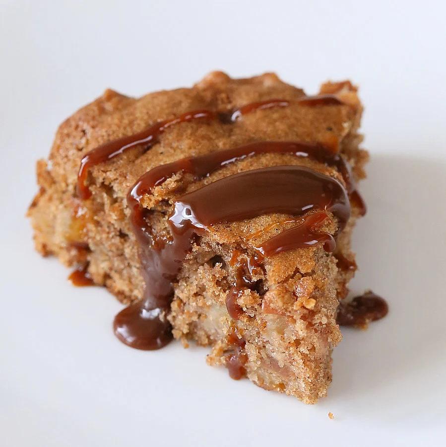 Vegan Spiced Apple Cake with Salted Caramel. Tried tested and loved. All whole grain made with spelt flour and drizzled with salted caramel or date caramel.