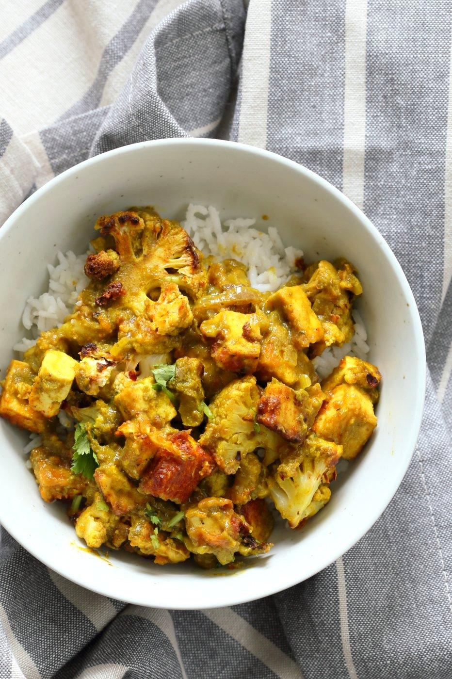 Spiced Cauliflower and Tofu in Green Masala Sauce. Baked Cauliflower and Tofu in green cilantro sauce. The sauce paste can be made ahead and stored. Vegan Gluten-free Nut-free Recipe. Can be soy-free with chickpea tofu or chickpeas or beans or other veggies. | VeganRicha.com