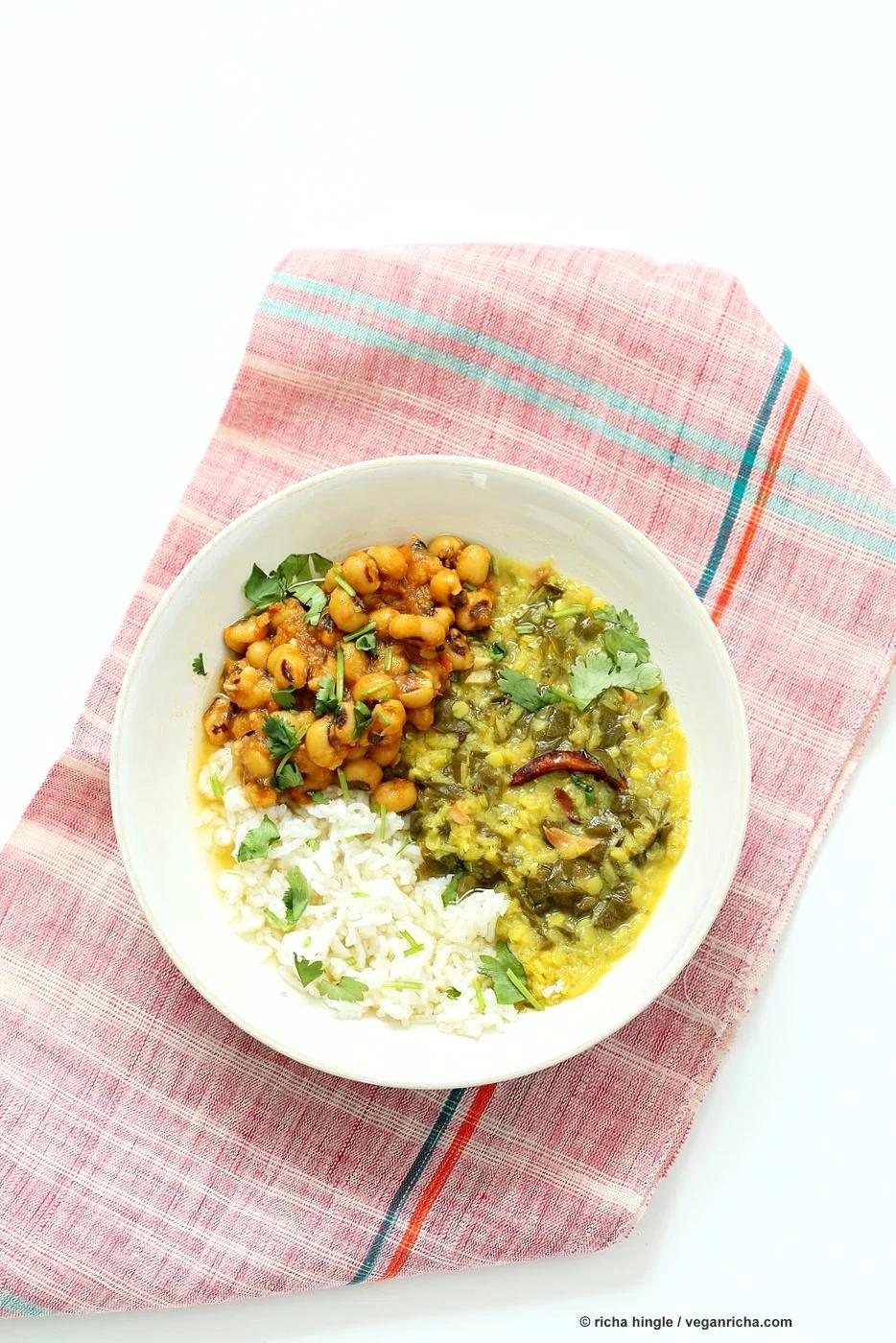 Spiced Lentil Chard Soup - Hariyali Dal. Creamy Red Lentils Cooked with Chard or other greens, tempered with whole spices. Easy weeknight Dahl. #Vegan #Glutenfree #Soyfree #Recipe | VeganRicha.com