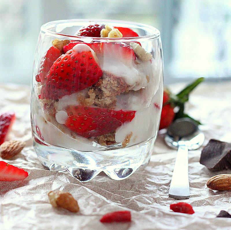 Spiced Oat Almond Gluten-free Cake, in Strawberry Nuts Goji berry parfait. Vegan GF gum-free