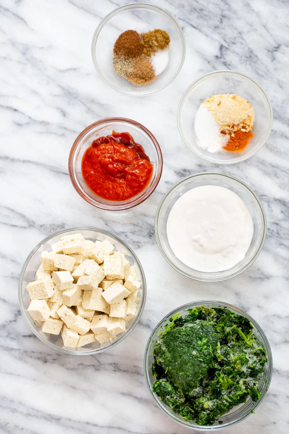 ingredients for making vegan spinach tofu curry