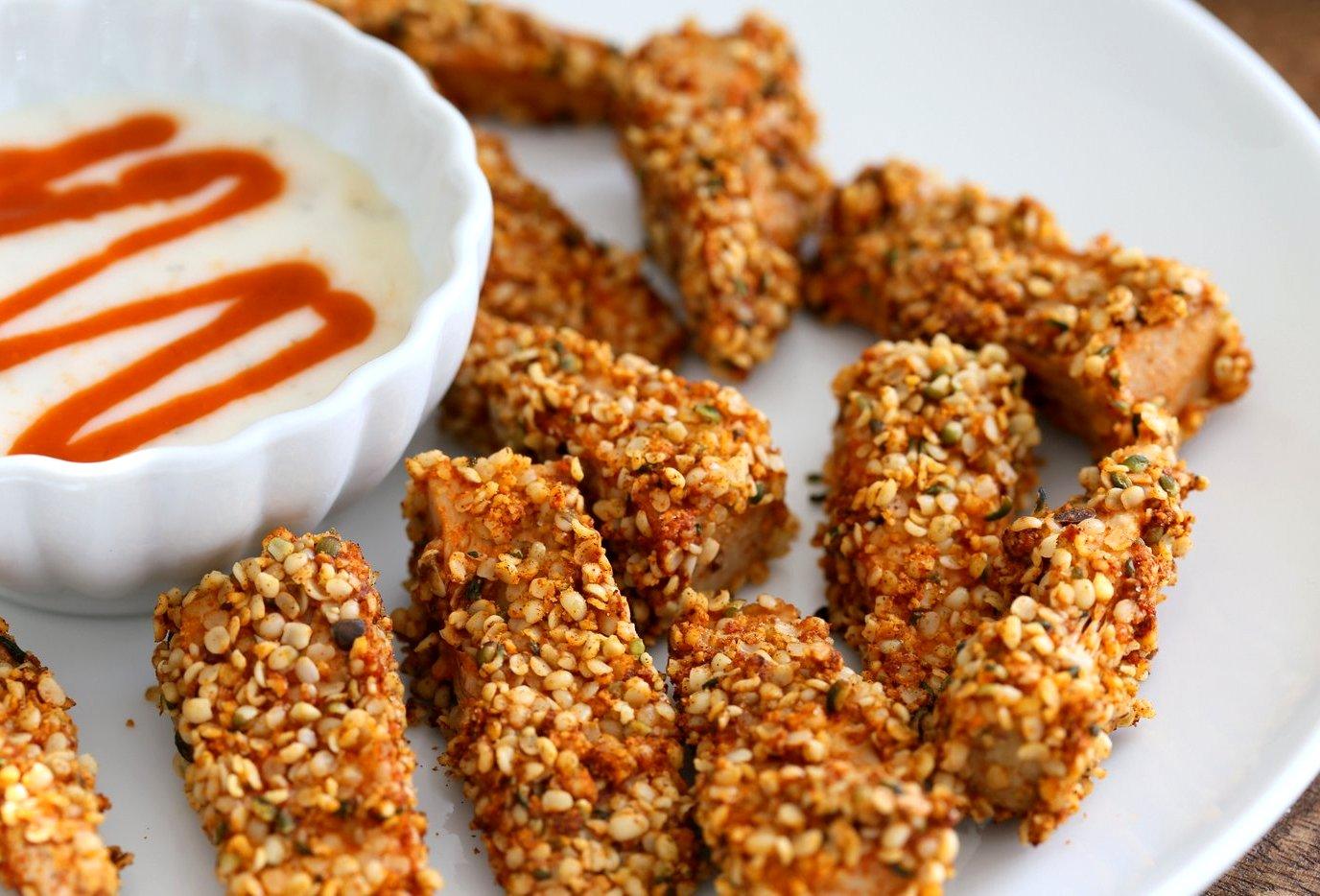 Spicy Hemp Crusted Jackfruit Nuggets. Jackfruit spiced and breaded in hemp and spice mixture and baked. Vegan Gluten-free Soy-free Recipe. | VeganRicha.com