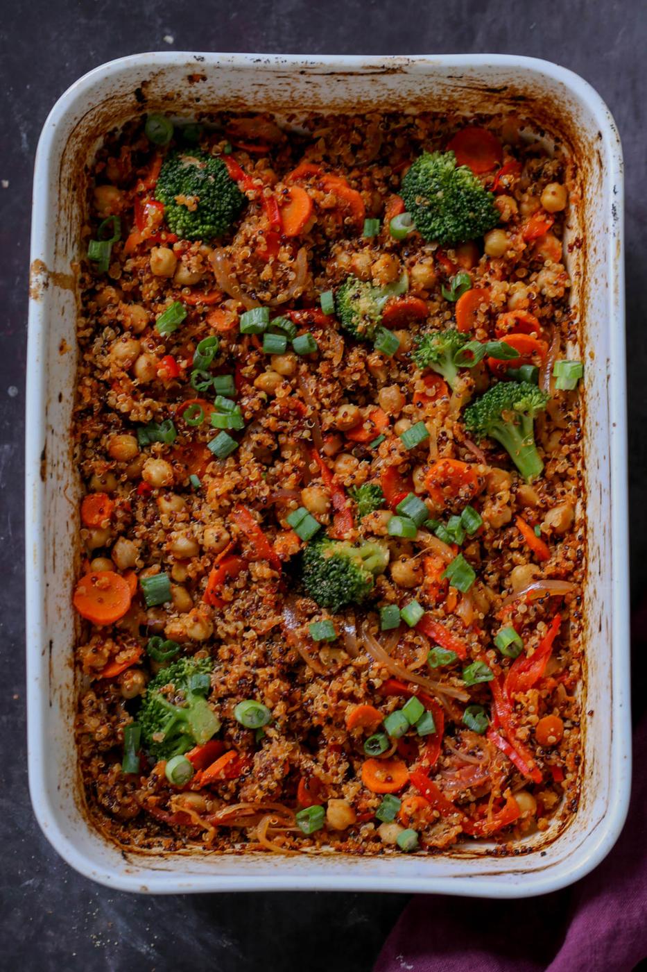 quinoa chickpea casserole in the pan