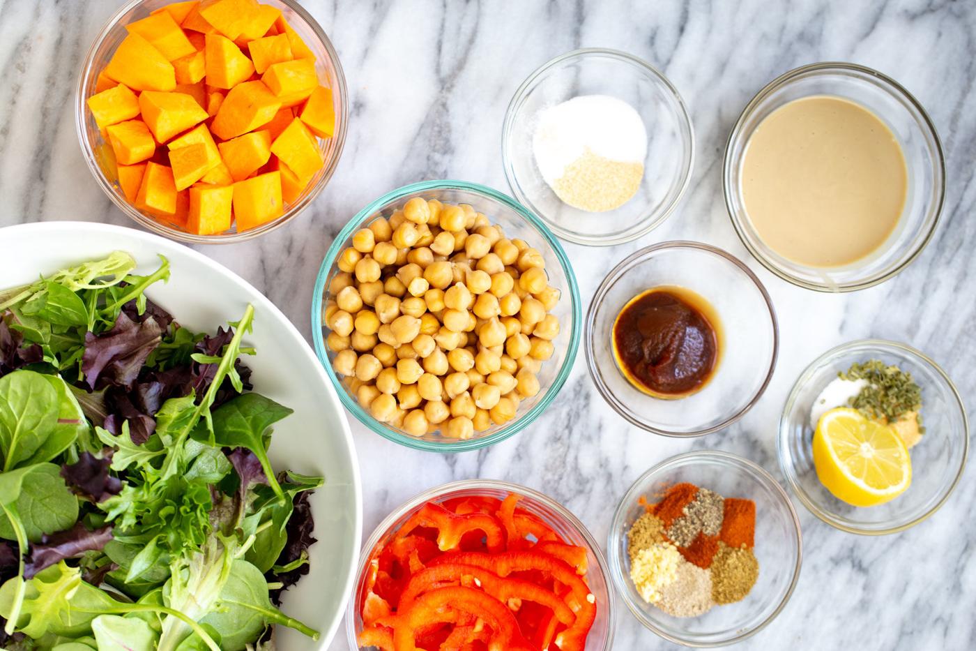 ingredients needed for making salad sweet potato chickpea salad bowls