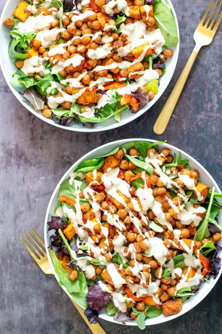 Spicy Sweet Potato Chickpea Salad Bowl with Tahini Dressing