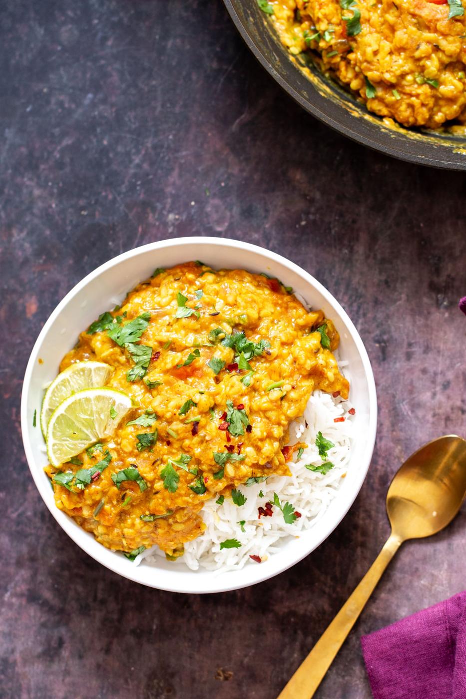 Spicy urad daal served with rice