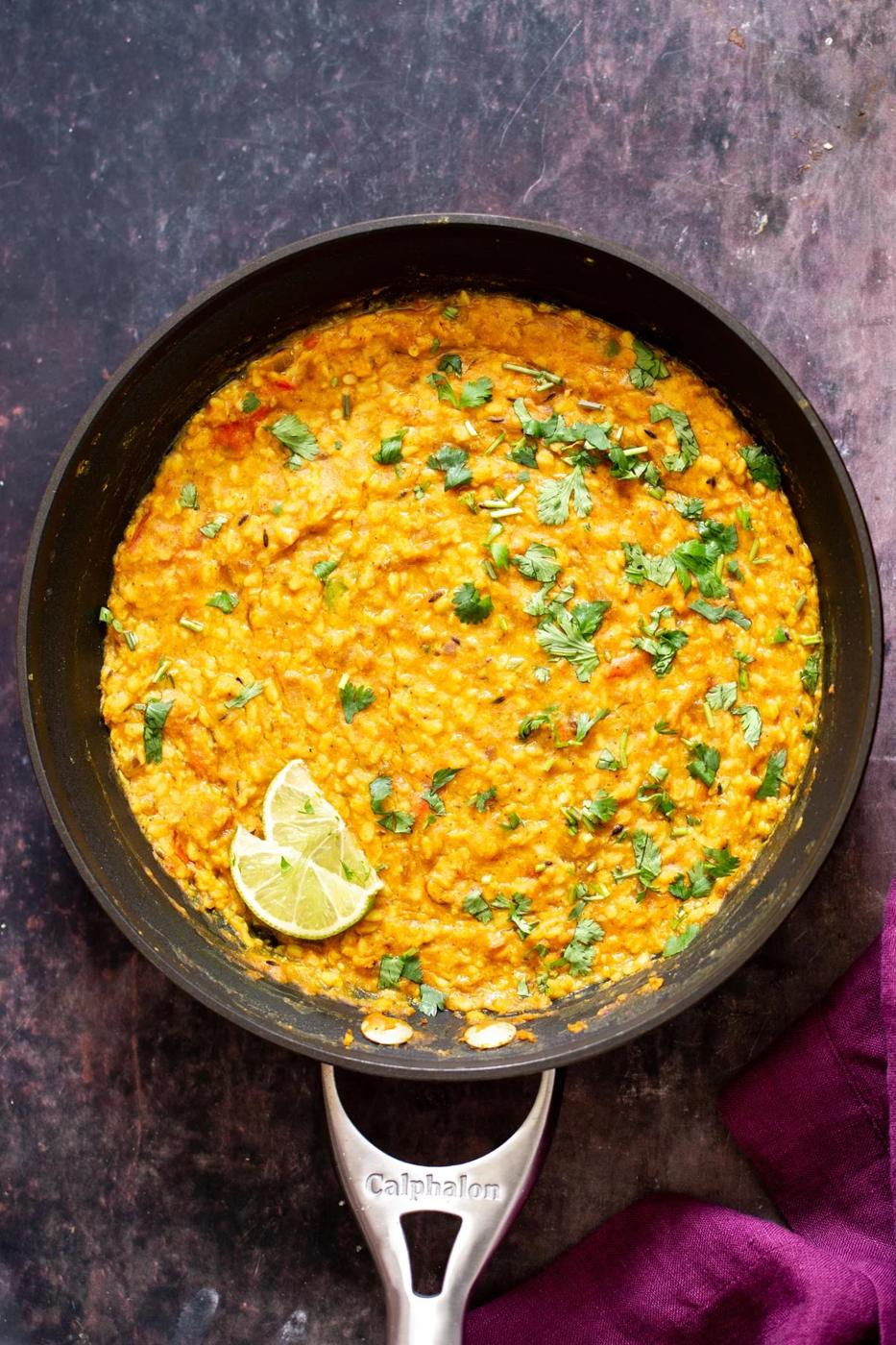 urad dal in a black skillet
