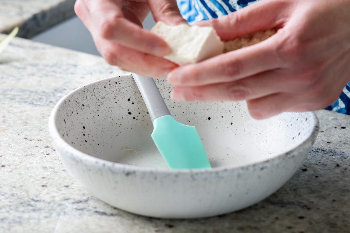 crumbling the tofu