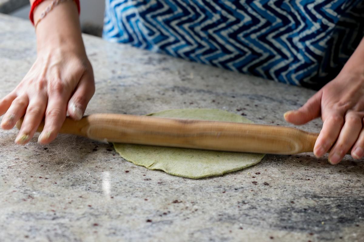 spinach paratha, after rolling out