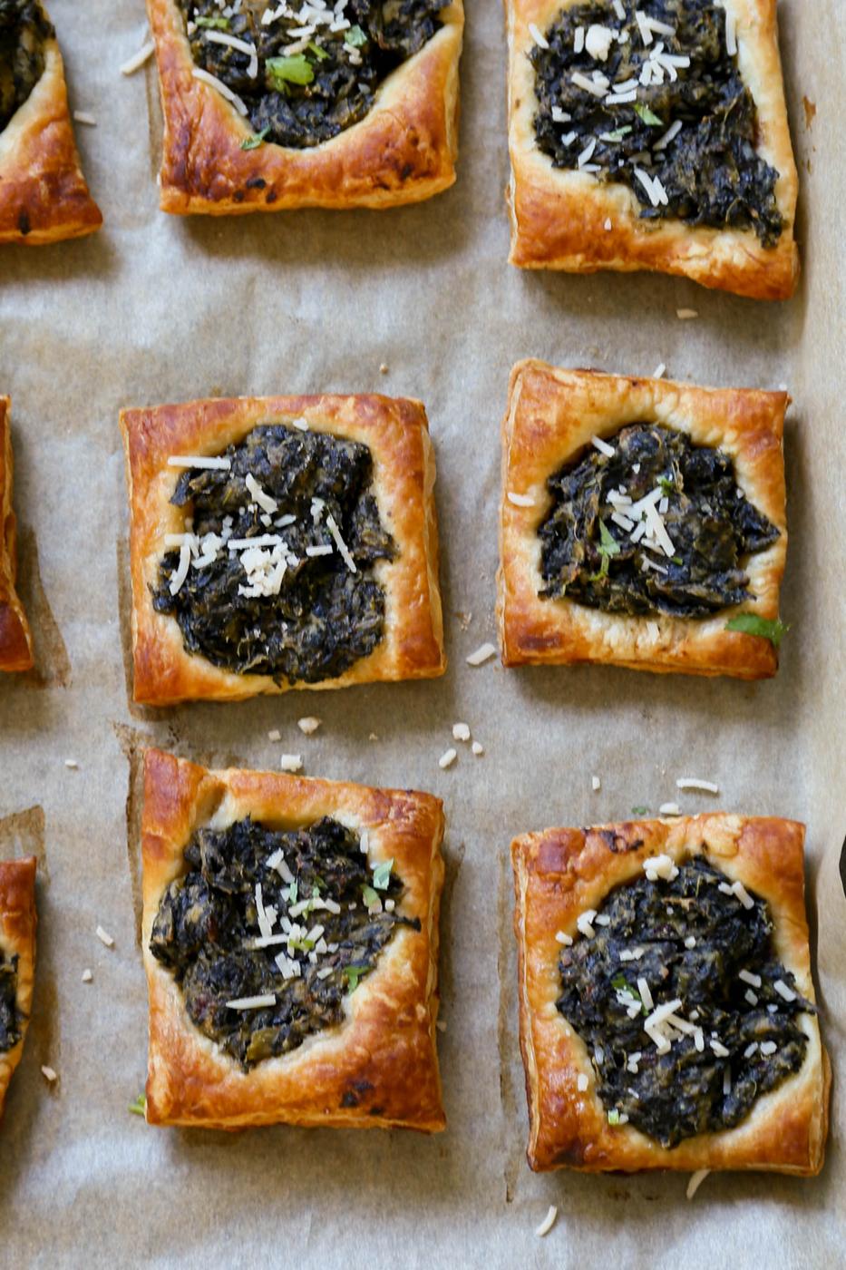 spinach puff pastry on the baking sheet after baking